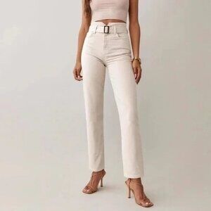 Reformation Cynthia Belted High Rise Straight Jeans Khaki/Off-White Size 29